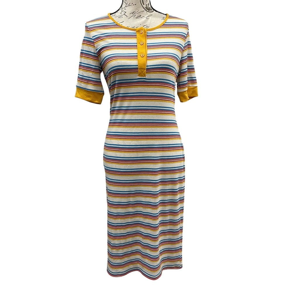 NLT Henley Midi Dress Womens L Multicolor Striped Ribbed Knit Retro Y2K‎ Grunge